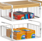 AmonHouseware 2Pack under-shelf basket organizer front view, space-saving cabinet solution