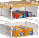 AmonHouseware under-shelf basket front view in white for cabinet organization.