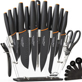 Amorston knife set in acrylic block, front view highlighting organization