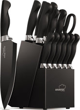 Amorston knife set block with built-in sharpener keeps blades ready for quick prep.