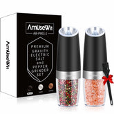 AmuseWit gravity grinder front view with illuminated light for precise seasoning.