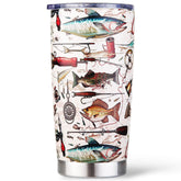 Amutta fish mug pattern close-up showing fish, rods, lures for anglers