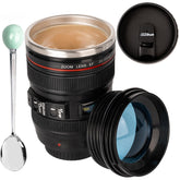 AMZHUB camera lens mug with two lids offers spill protection and flexibility.