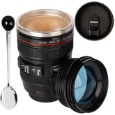 AMZHUB camera lens mug with two lids offers versatile spill-free coffee on the go.