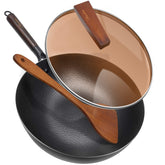 ANEDER carbon steel wok with lid and wooden spatula for versatile stir-fry prep