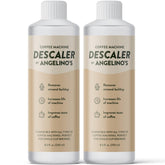 Angelino's Coffee Descaler bottle ready for descaling to improve machine performance.