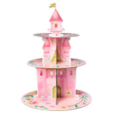 ANGOLIO watercolor princess cupcake stand showcases whimsical pink castle for vibrant party displays.