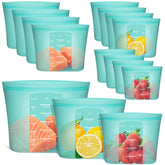 Annaklin reusable bags with stand-up design for easy filling and organized fridge.