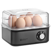 Annie & Mia Design electric egg cooker front view with 8-egg capacity for quick breakfasts.