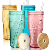 ANOTION colored glass cups with lids and straws for iced drinks on the go