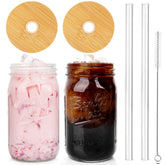 ANOTION mason jar 32oz with bamboo lid and glass straw for on-the-go sipping