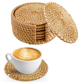 ANPHSIN natural rattan coaster set on a rustic table for protection