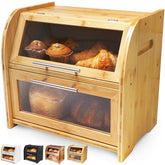 Apace Living Arise front view bamboo bread box with clear window showing bread inside