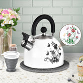 ARC stainless steel whistling kettle showing color-changing design as it heats water.
