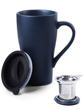 ARRADEN tea cup with infuser in royal blue for loose leaf brewing at home.