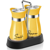 Arrozon yellow salt and pepper shakers in holder for portable kitchen decor.