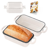 Articasting bread loaf pan with lid in cream white ready for even baking for crusty loaves