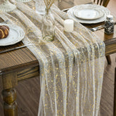 Artoid Mode beige-gold gauze table runner 120 inch close-up showing soft fabric and shimmer