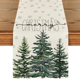 Artoid Mode beige pine tree snowflake table runner on dining table, festive setting.