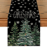 Artoid Mode black pine tree snowflake table runner closeup enhances festive dining
