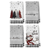 Artoid Mode black Xmas tree snowman towels front view, festive print and quick-dry microfiber.