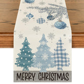 Artoid Mode blue pine trees table runner enhances holiday dining ambiance.