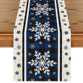Artoid Mode Buffalo Plaid Snowflakes Blue table runner adds festive color and protects surfaces.