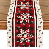 Artoid Mode buffalo plaid snowflakes table runner adds festive charm to holiday dinners.