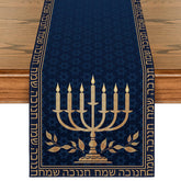 Artoid Mode candle menorah Hanukkah table runner on festive dining setup, elevating ambience.