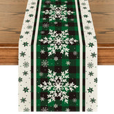 Artoid Mode green buffalo plaid snowflakes table runner on a festive dining table