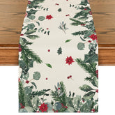 Artoid Mode green leaves poinsettia holly runner, festive table decor for Christmas dinners.