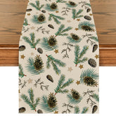 Artoid Mode pine cone leaves stars table runner, front view, durable polyester protection.