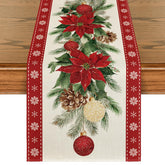 Artoid Mode poinsettia pine branch table runner adds festive charm and protects tabletops.