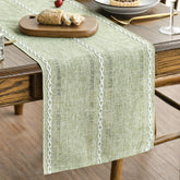 Artoid Mode sage green rustic table runner on wood table, adds subtle elegance