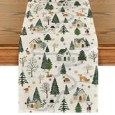 Artoid Mode Snowfield Trees Hut table runner brightens holiday tables and protects surfaces.