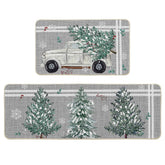 Artoid Mode truck pine holly stripes mat front view showing festive kitchen decor with slip-resistant backing