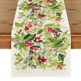 Artoid Mode Watercolor Holly Table Runner front view protects surfaces with festive colors