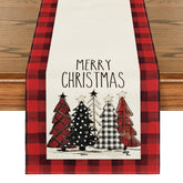Artoid Mode watercolor red and black buffalo plaid Christmas trees table runner on festive table