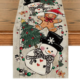Artoid Mode wood snowman gingerbread pine table runner enhances winter dining ambiance.
