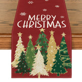 Artoid Mode Xmas Trees Snowflakes Red table runner for holiday dining ambiance.