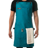 Asaya Chef apron blue-green front view shows durable 10oz canvas for grilling and cooking