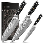 ASETY Damascus kitchen knife set 3pc box shown, elegant packaging for gifting or storage.