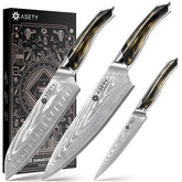 ASETY Damascus knife set 3 pcs box, elegant gift-ready presentation for kitchen lovers.
