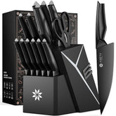 ASETY kitchen knife set with block and built-in sharpener for organized countertop prep.