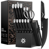 ASETY knife set in block with built-in sharpener for easy maintenance.