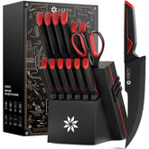 ASETY knife set box on counter with bold red and black design for a stylish kitchen