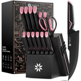 ASETY knife set with pink handles on the countertop for daily prep and style.