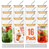 ASKIZ 16pcs glass cups with bamboo lids and straws for stylish entertaining.
