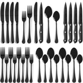 Astercook 24-piece black silverware set with steak knives for durable everyday dining.