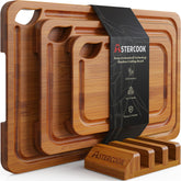 Astercook deep-carbonized bamboo cutting board with stand for organized prep.